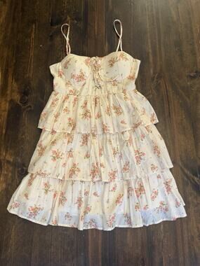 Altar'd State Ivory Pink Green Floral Sweetheart Smocked Lace-Up Ruffle Dress S